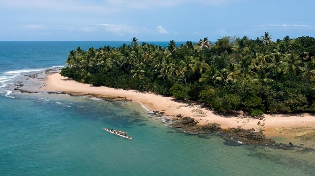 Vista aérea da canoa contornando ilha com coqueiros